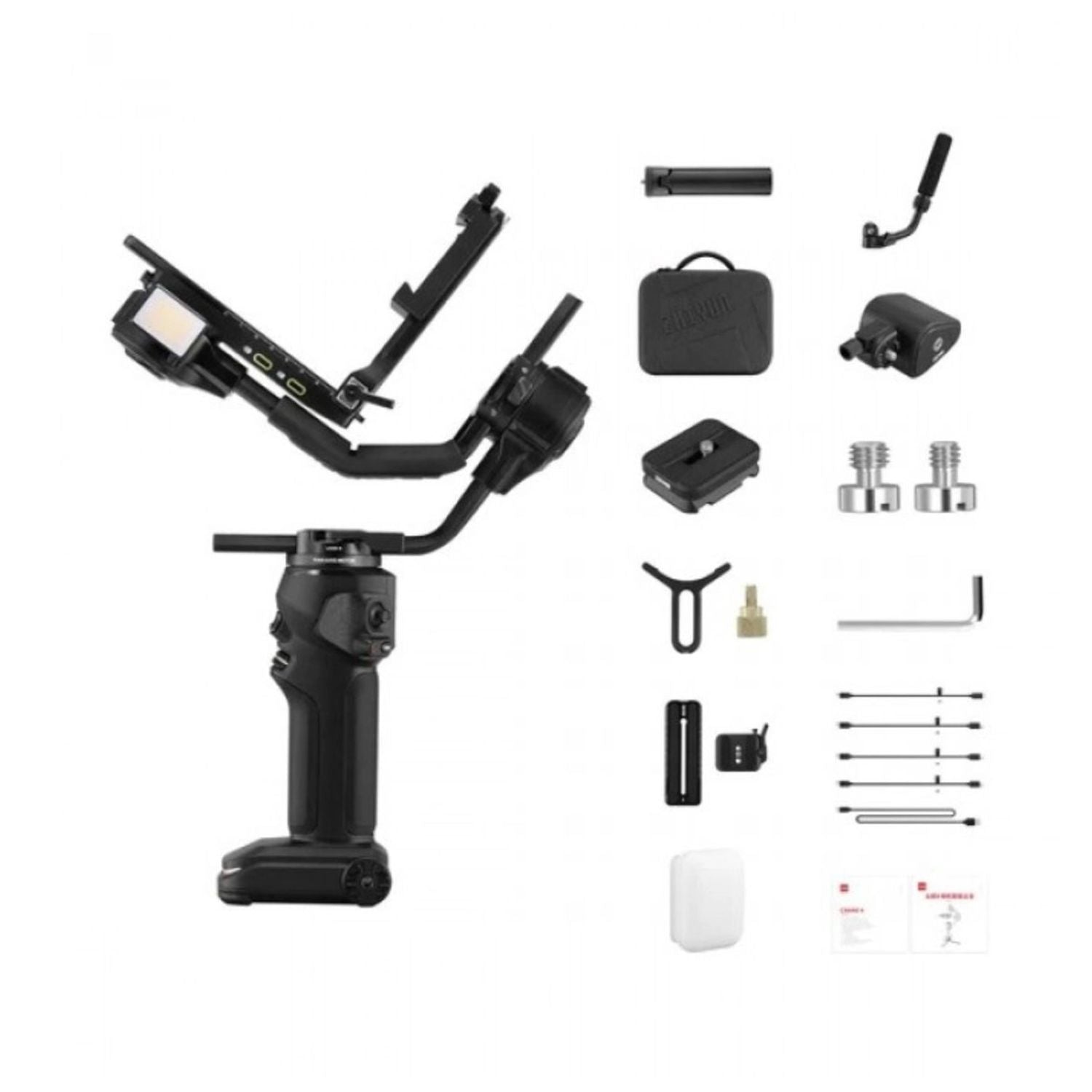 CRANE 4 gimbal setup with accessory pieces, tools, and spare foam inserts